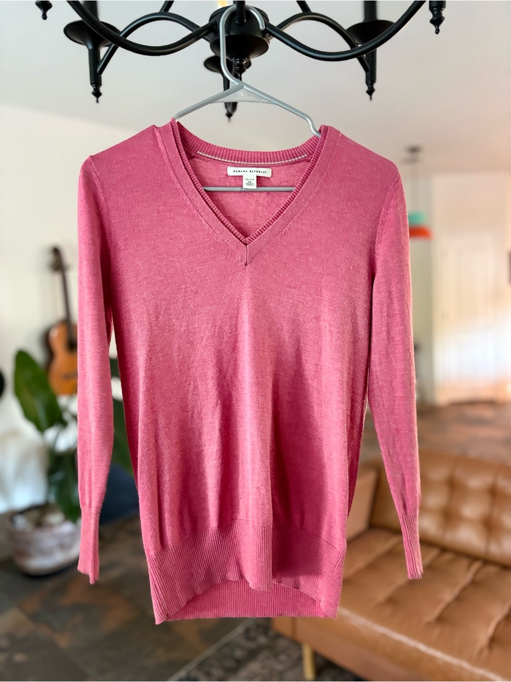 Banana Republic Rose Pink Cotton Silk V-Neck Ribbed Trim Sweater XS